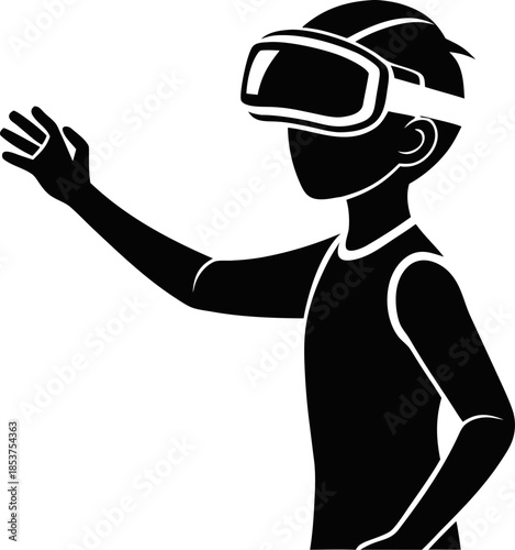 Silhouette vector of a person wearing VR goggles and reaching out to touch something invisible, white background.