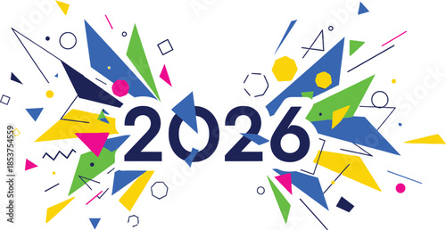 Festive abstract graphic design featuring the year 2026 exploding with vibrant geometric shapes and colors against white