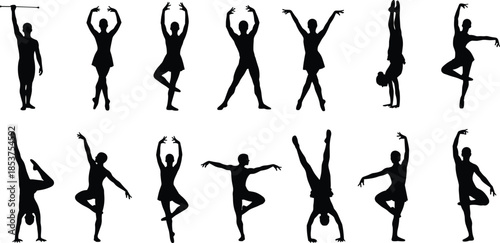 Dance silhouettes collection, ballet and modern dancers posing, yoga gymnastic movements, graceful human body shapes, black vector illustration set design