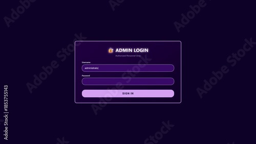 The scene shows a login window animation where users enter login details for an admin account. The animation illustrates system hijacking and hacking activities in a digital environment.