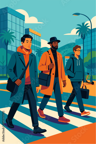Group Of People Walking On City Crosswalk Illustration