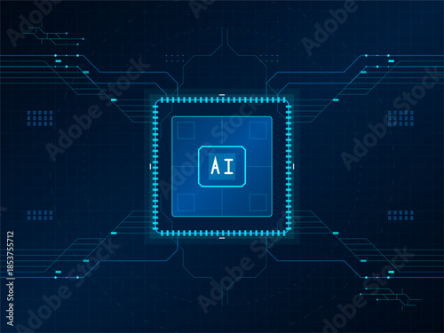 Technology and artificial intelligence concept with a blue circuit board design showing a central processing unit