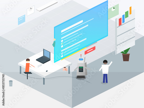 Workspace setup with a computer and display used for coding and project management in a modern office setting during daytime