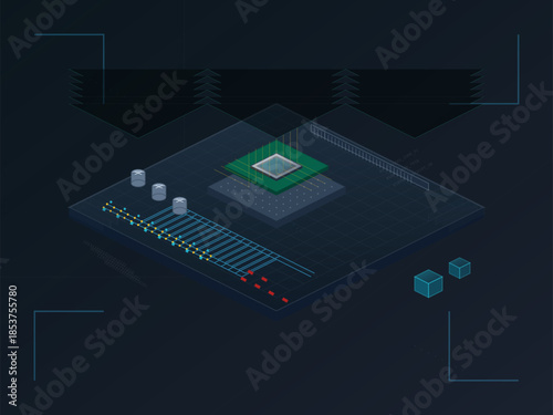 Digital illustration showing a computer chip surrounded by circuit elements and data storage components in a dark setting