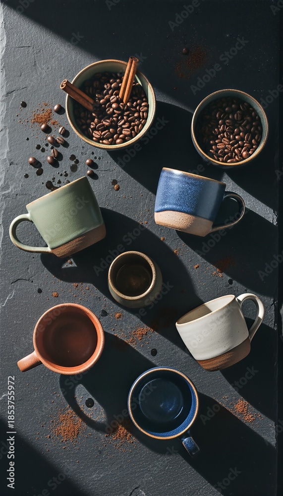 Fototapeta premium Coffee mugs, beans, and cinnamon sticks are arranged on a dark stone surface with dramatic shadows, evoking a rustic and aromatic coffee experience.