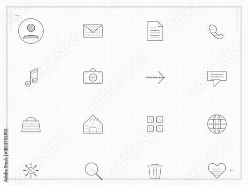Icons representing various communication and digital activity concepts in a grid layout on a plain background