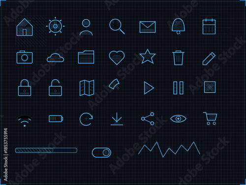 Design elements showing various icons for applications and tools on a dark background
