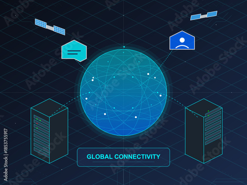 Global connectivity concept showing servers and network communication without using specific brand names or terms