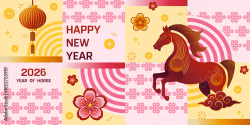 Seamless Chinese New Year pattern with horse, lanterns, coins, clouds and floral elements. Festive red and gold vector background for Lunar New Year designs, packaging, textiles and decorations.