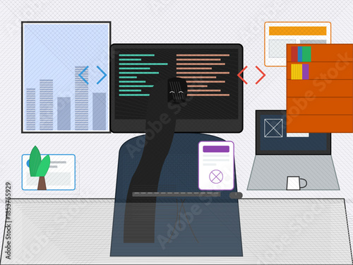 Workstation setup with coding tasks, computer screens, and desk items during the day