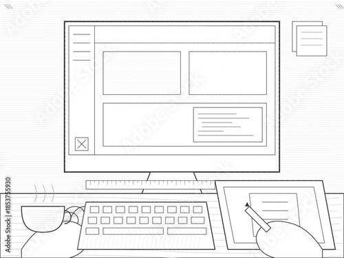 Workspace scene with computer monitor, keyboard, and notepad on table during daytime