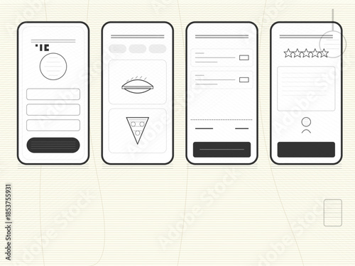 Different types of mobile interface screens showing food delivery and user options at a restaurant