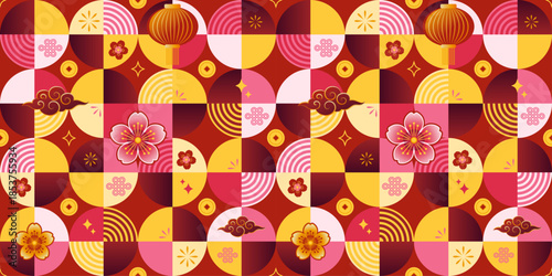 Seamless Chinese New Year pattern with horse, lanterns, coins, clouds and floral elements. Festive red and gold vector background for Lunar New Year designs, packaging, textiles and decorations.