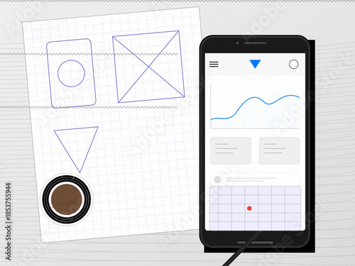 Design sketches and a mobile device displaying a user interface with data visualization, shapes, and interaction elements shown
