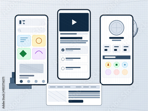 Design mockup of three mobile screens showing different user interfaces with various features and controls