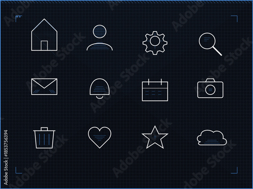 Outline of common interface icons on dark background showing home, user, settings, search, and notification elements