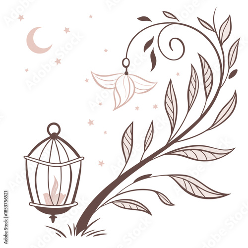Whimsical branch with birdcage and moon