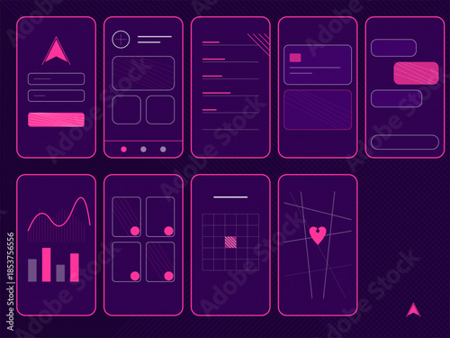 User interface design with purple and pink elements featuring charts, text boxes, and icons for a modern application layout