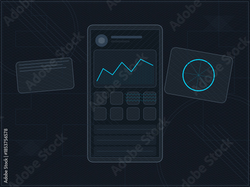 Data analysis on a mobile device with credit cards displayed on a dark surface during nighttime