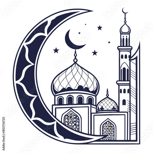 Illuminated mosque under crescent moon