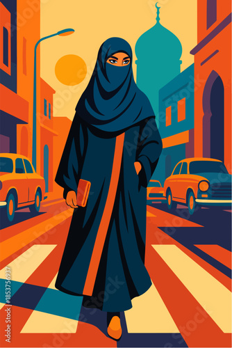 Muslim Woman Wearing Hijab Walking In Urban Street Illustration