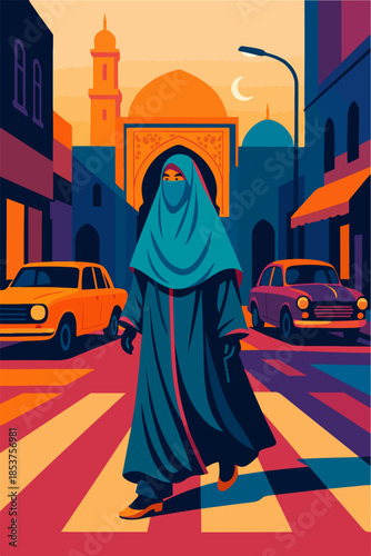 Muslim Woman Walking Through City Street Illustration