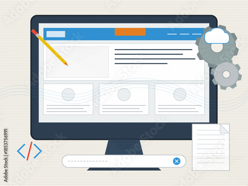 Creating a web page design using a computer with coding elements and tools on display at a work desk