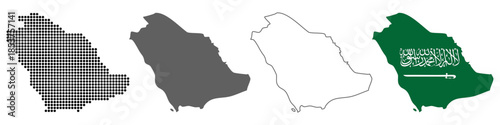 Saudi Arabia map set with dotted solid outline and flag style vector illustration