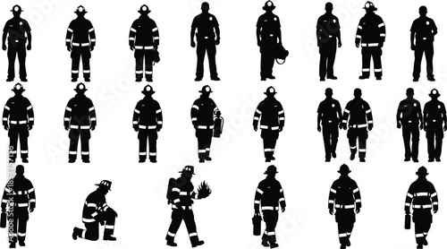 Firefighter silhouette collection, black and white illustration, emergency response, rescue action, bravery, gear, teamwork, standing pose, kneeling, carrying child