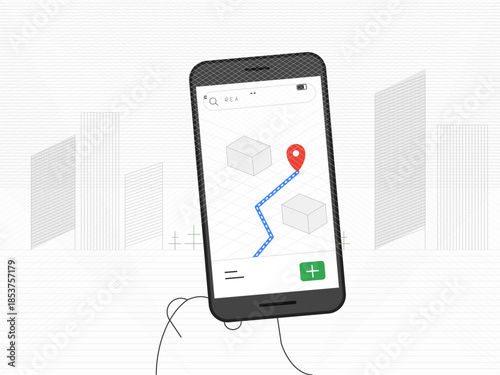 Person holding a smartphone showing a map with a route and a marker in a city setting during the daytime