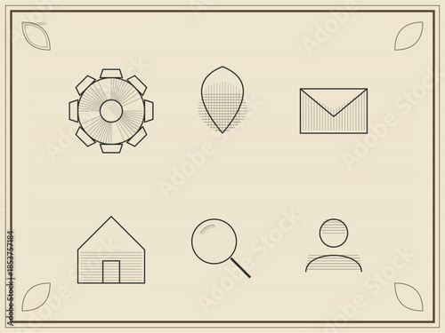 Simple line drawings of common objects showing gears, a leaf, an envelope, a house, a magnifying glass, and a person