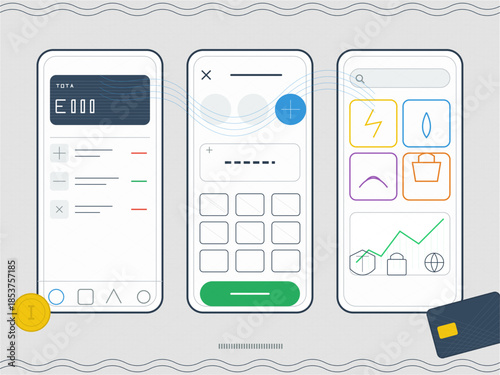 Mobile interface design showing payment options and transaction details with icons and graphs on three screens