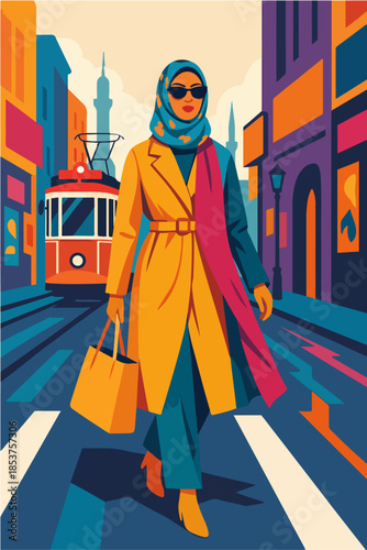 Muslim Woman Walking With Confidence In City Illustration