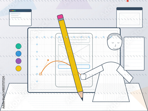 Graphic design process showing a character using a pencil to create a mockup on a digital screen with various tools