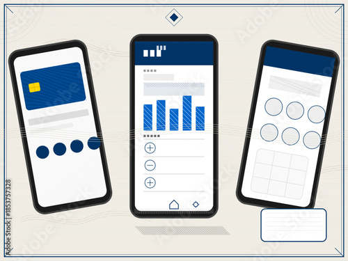 Screens show various applications on smartphones with graphs and buttons in a digital design setting