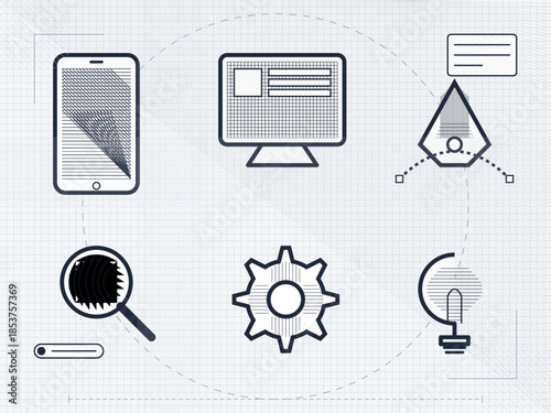 Graphic design elements show tools related to digital technology and engineering processes in a creative layout