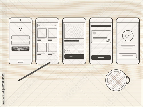 Designs for mobile app screens shown on a table with a cup of coffee nearby in a workspace setting