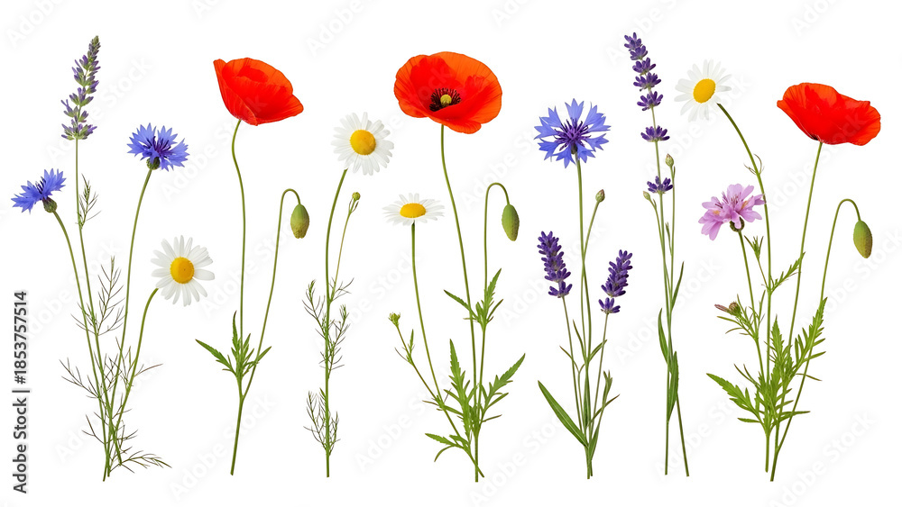 Fototapeta premium Colorful wildflowers on transparent background