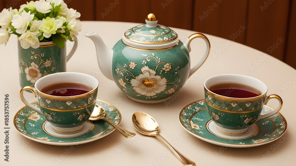 Fototapeta premium Elegant Green Floral Tea Set for Two with Golden Accents Generative AI
