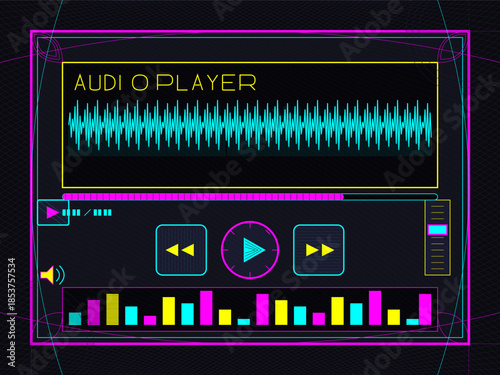Audio player interface showing playback controls and sound waveform display at digital workspace
