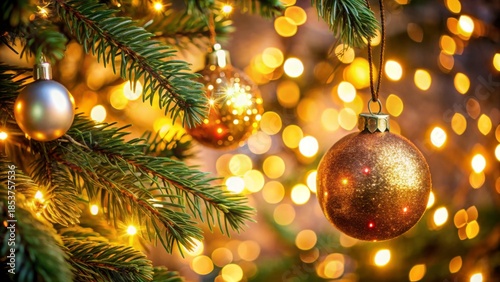 Festive Christmas Tree with Bright Ornaments and Warm Holiday Lights