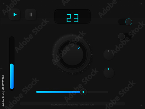 Control panel for audio settings with digital display showing volume level at twenty-three