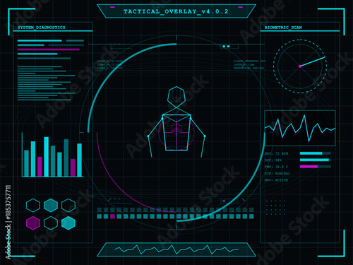 Display shows tactical overlay with diagnostics and biometric scan at a tech facility during nighttime hours
