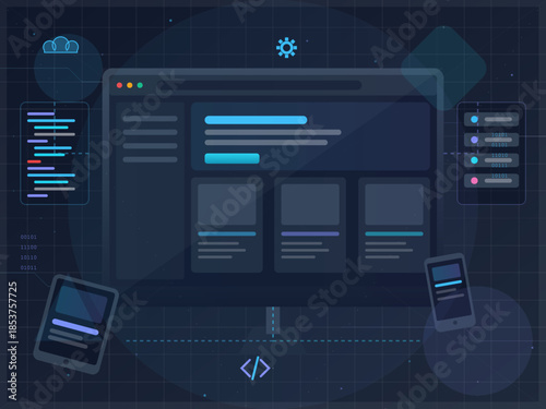 Design of a computer screen with programming code and mobile devices showing website layout on dark background