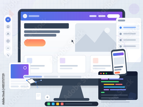 Website design mockup showing user interface elements and coding on screen