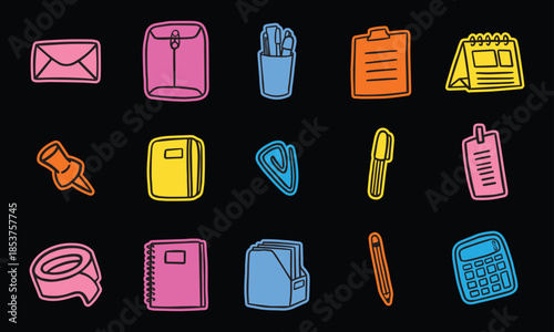Colorful Neon Office Stationery and School Supplies Doodle Icon Set on Black Background