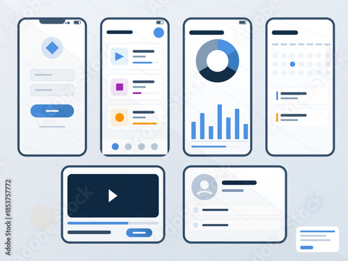 Collection of smartphone screens showing various app interfaces and data visualizations