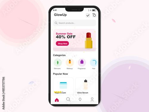 Online shopping app display showing summer sale with discounts on beauty products and popular categories for users at home on a smartphone screen