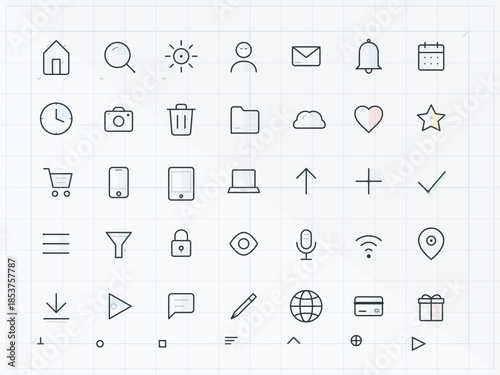 Collection of simple line icons for various digital applications and interfaces arranged on a grid