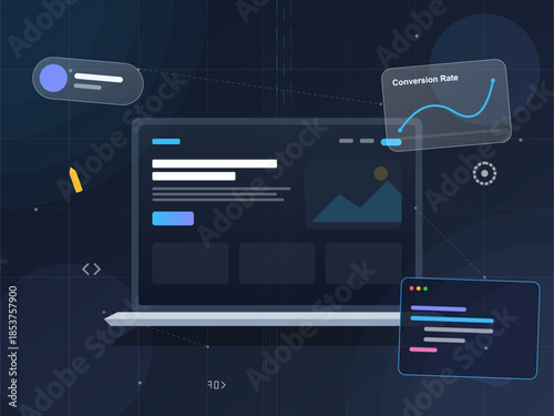 Web design and data analysis tools displayed on a laptop with charts and graphics in a dark setting